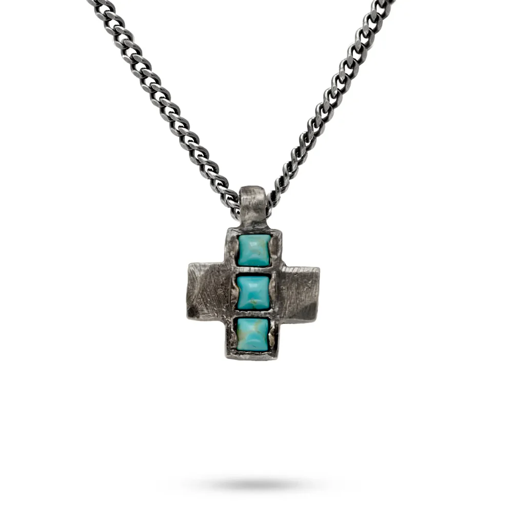 Turquoise Cross Pendant Necklace Oxidized Silver 925